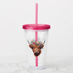Vaso Acrílico Linda vaca de las tierras altas floral/primaveral