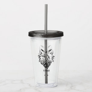Vaso Acrílico Lobo Tribal Blanco y Negro