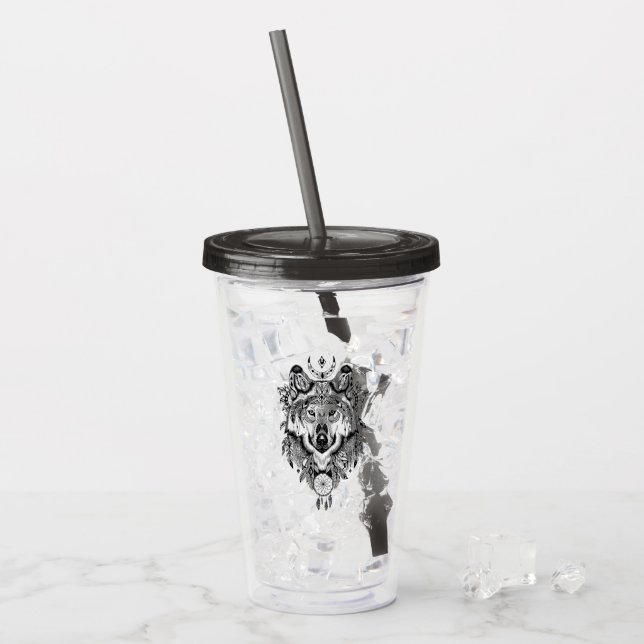 Vaso Acrílico Lobo tribal indio (Anverso (hielo))
