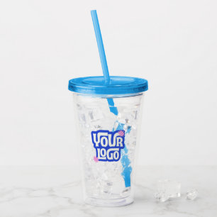 Vaso Acrílico Logotipo de su marca aquí Tapa y pajita azules tra