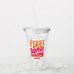 Vaso Acrílico Maestra de Primer Grado Naranja Rojo Ombre