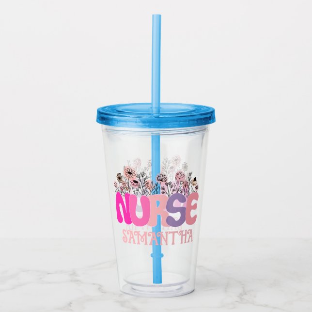 Vaso Acrílico Magnífica tipografía "enfermera" con floral vibran (Anverso)