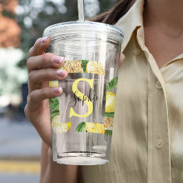 Vaso Acrílico Marco de lémon amarillo moderno y hojas con nombre