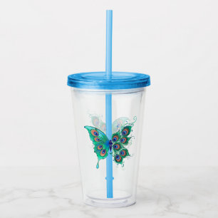 Vaso Acrílico Mariposa con plumas de pavo real verde