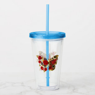 Vaso Acrílico Mariposa de flor roja con rosas rojas