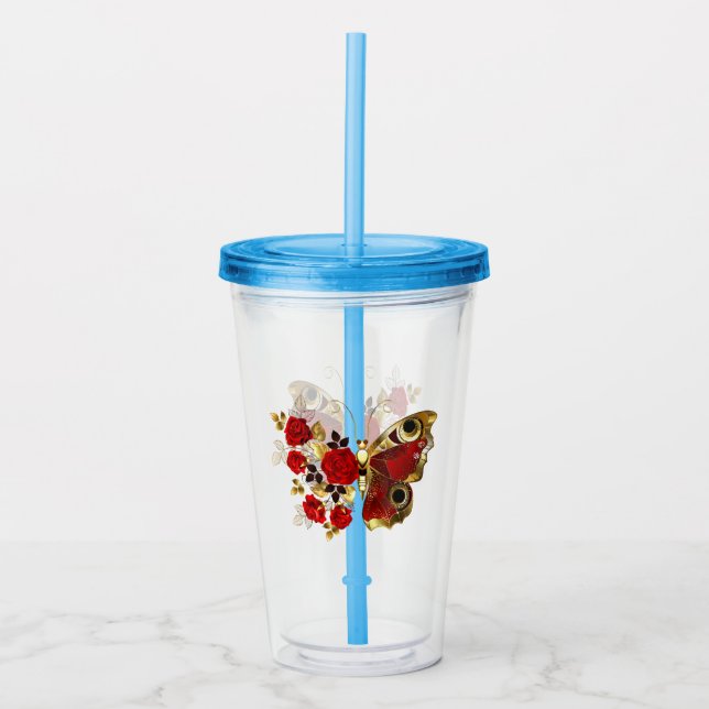 Vaso Acrílico Mariposa de flor roja con rosas rojas (Anverso)