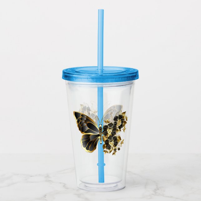 Vaso Acrílico Mariposa de flores de oro con orquídea negra (Anverso)