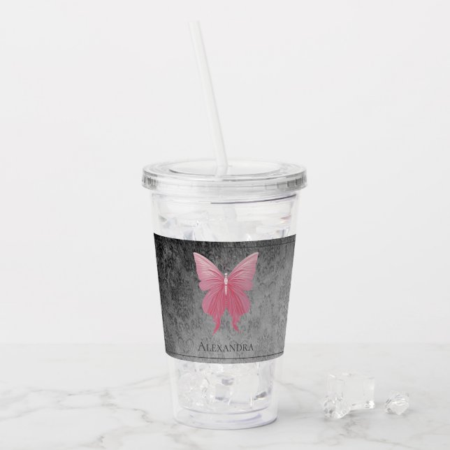 Vaso Acrílico Mariposa de guijarro rosa (Anverso (hielo))