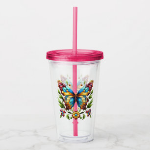 Vaso Acrílico Mariposa de vidrio coloreado con flores