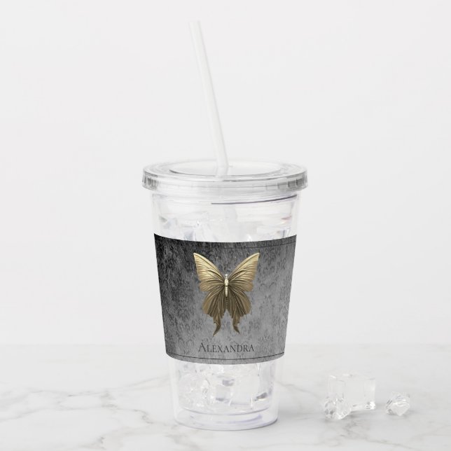 Vaso Acrílico Mariposa jewada de oro (Anverso (hielo))