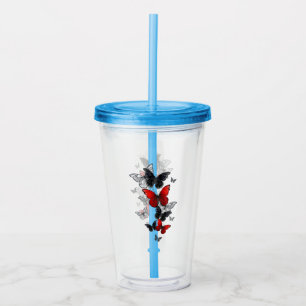Vaso Acrílico Mariposas Morpho voladoras negras y rojas