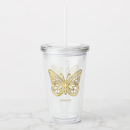Vaso Acrílico Mármol blanco y mariposa geométrica de oro