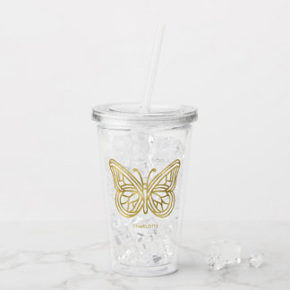 Vaso Acrílico Mármol blanco y mariposa geométrica de oro