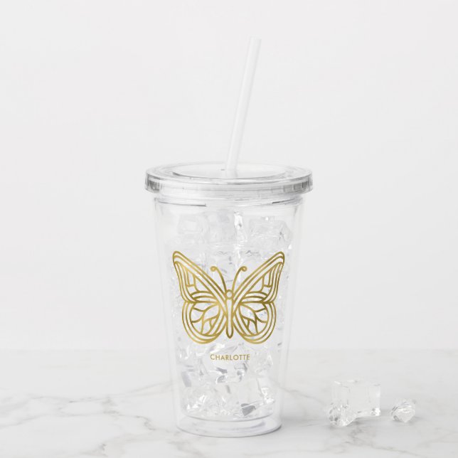 Vaso Acrílico Mármol blanco y mariposa geométrica de oro (Reverso (hielo))