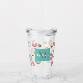 Vaso Acrílico Mezcla de Donas Rosa y Verde Claro Monograma Perso