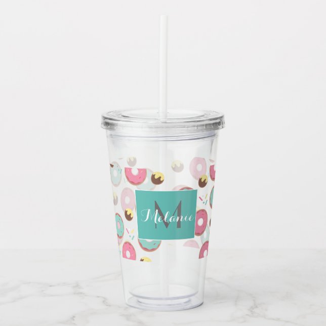 Vaso Acrílico Mezcla de donut rosa y Verde azulado Personalizado (Anverso)