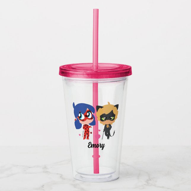 Vaso Acrílico Miracularmente Ladybug y Cat Noir Chibi Party Favo (Anverso)