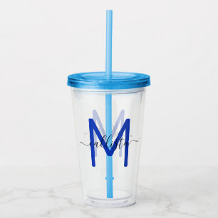 Vaso Acrílico Monograma blanco azul de la marina simple elegante