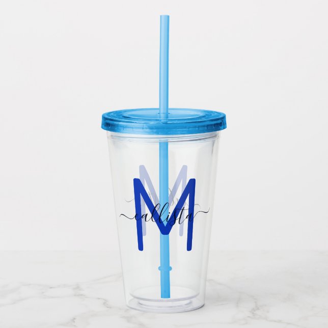 Vaso Acrílico Monograma blanco azul de la marina simple elegante (Anverso)