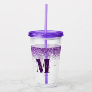 Vaso Acrílico Monograma de chispa purpurina rosa morado giratori