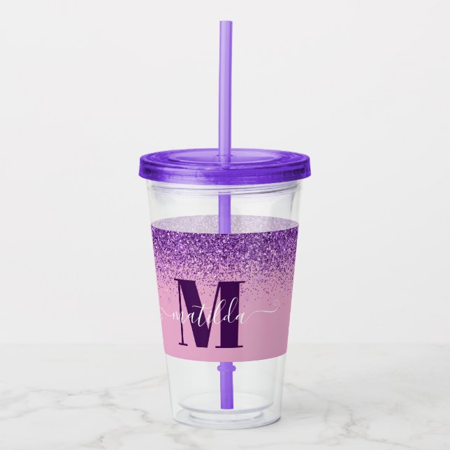 Vaso Acrílico Monograma de chispa purpurina rosa morado giratori (Anverso)
