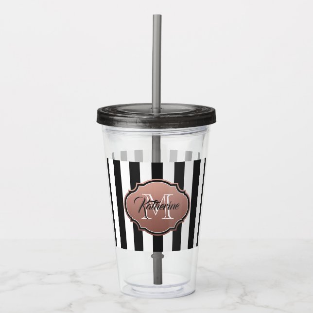 Vaso Acrílico Monograma de franjas blancas y negras (Anverso)