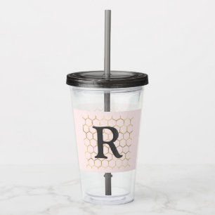 Vaso Acrílico Monograma de Hexágono de Oro Rosa Pastel