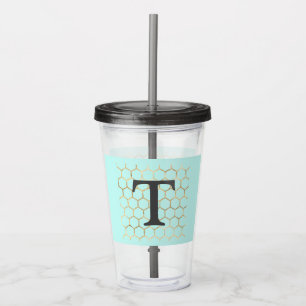 Vaso Acrílico Monograma de Hexágono Dorado Verde Turquesa Femeni
