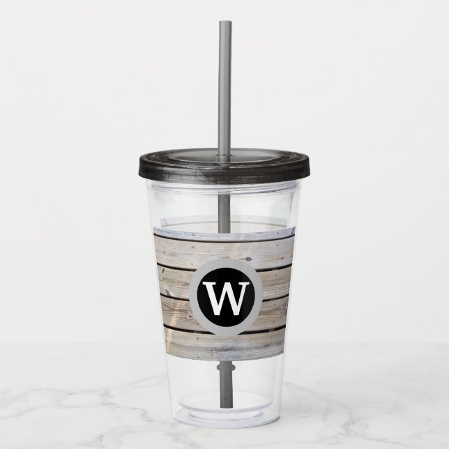 Vaso Acrílico Monograma De Madera Rústica Playero (Anverso)