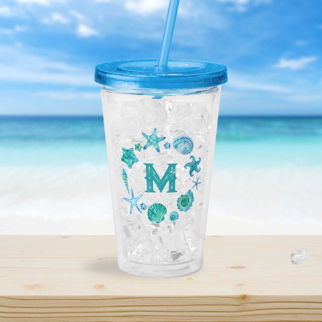 Vaso Acrílico Monograma de marejadas azules y pez estrella del o (Coastal Ocean Blue Seashells and Starfish Monogram Acrylic Tumbler)