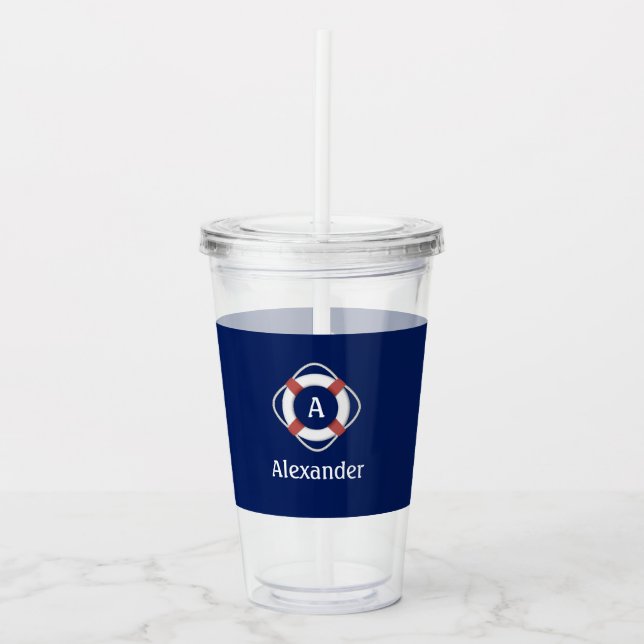 Vaso Acrílico Monograma de Navy Blue Nautical Lifesaver (Anverso)