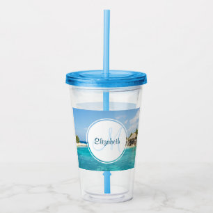 Vaso Acrílico Monograma de playa tropical panorámica con cabañas