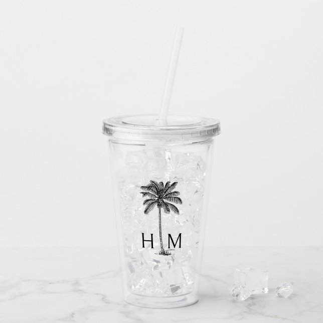 Vaso Acrílico Monograma del árbol de palmas negro y blanco (Reverso (hielo))