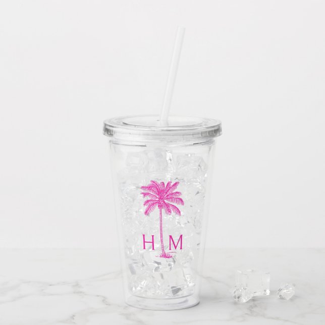 Vaso Acrílico Monograma del árbol de palmas rosado (Reverso (hielo))