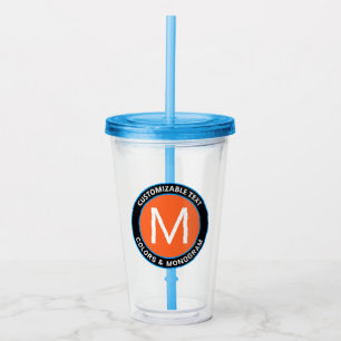 Vaso Acrílico Monograma en negrita y texto   Naranja blanco negr