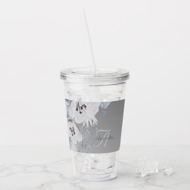 Vaso Acrílico Monograma floral de acuarela de invierno personali (Anverso (hielo))