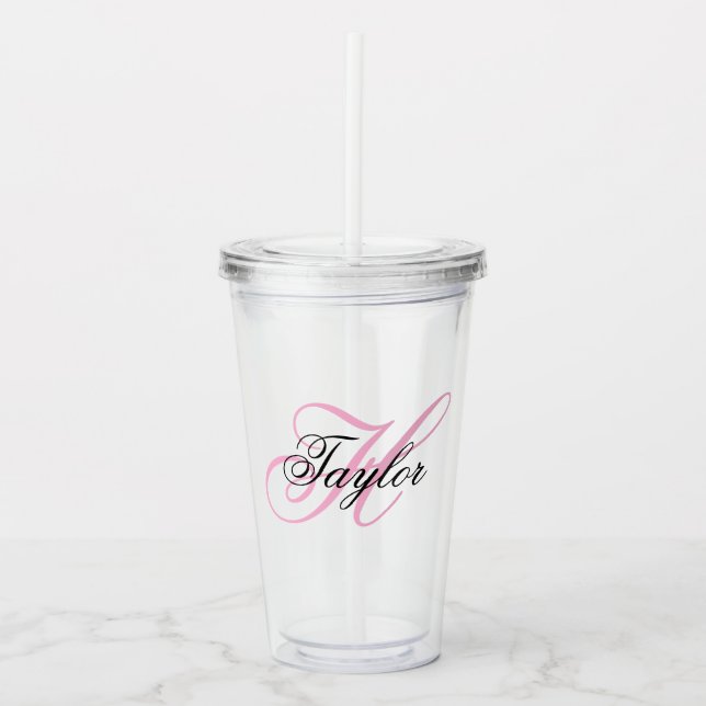 Vaso Acrílico Monograma negro y rosa de brillo (Anverso)