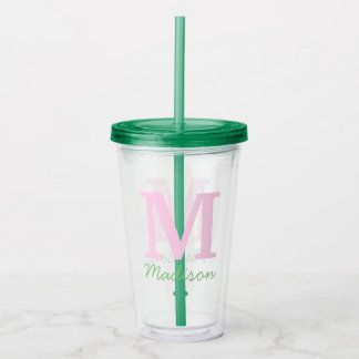 Vaso Acrílico Monograma Nombre personalizado inicial Verde rosa