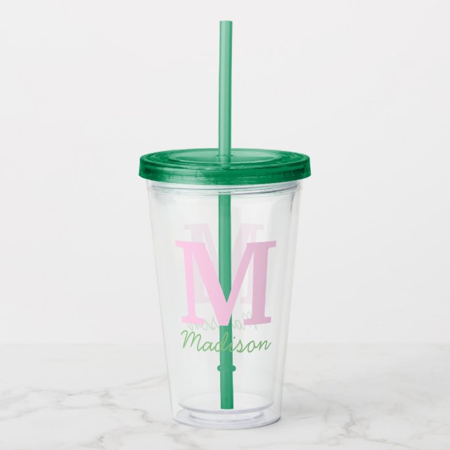Vaso Acrílico Monograma Nombre personalizado inicial Verde rosa (Anverso)