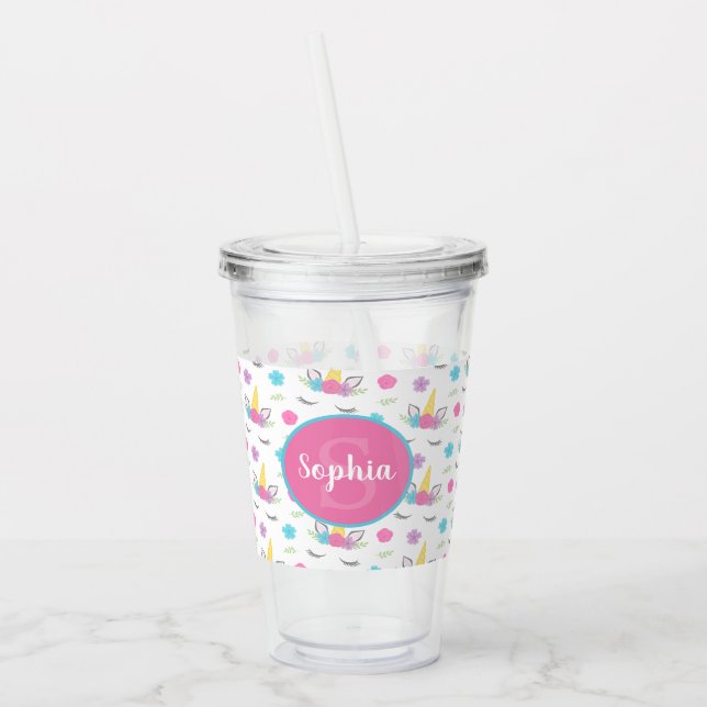 Vaso Acrílico Monograma personalizado cara floral del unicornio (Izquierda)