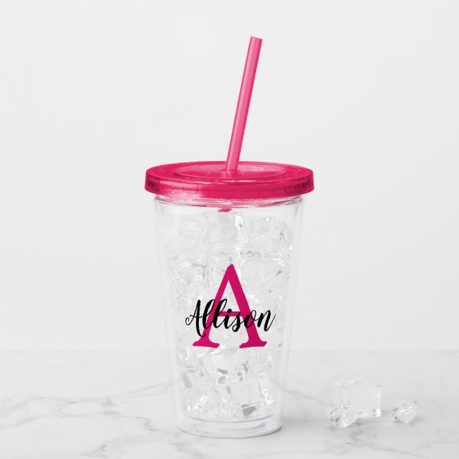Vaso Acrílico Monograma personalizado de escritura Girona rosa  (Reverso (hielo))