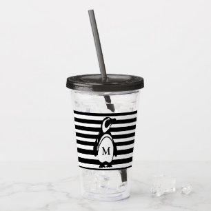 Vaso Acrílico Monograma rayado blanco y negro del pingüino