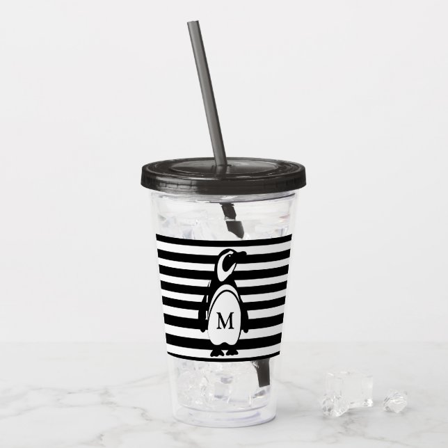 Vaso Acrílico Monograma rayado blanco y negro del pingüino (Anverso (hielo))
