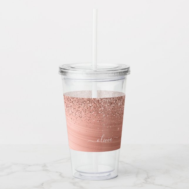 Vaso Acrílico Monograma Rosa Metalizado de Purpurina rosa dorado (Anverso)