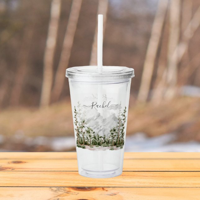 Vaso Acrílico Montaña y bosque de acuarela monogramada (In situ outdoor)
