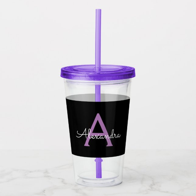 Vaso Acrílico Morado Black Script Girly Monograma Nombre (Anverso)