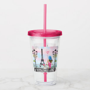 Vaso Acrílico Mujer En París Torre Eiffel Tumbler Acrílico