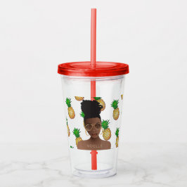 Vaso Acrílico Mujer negra, tonos dorados, patrón de piña