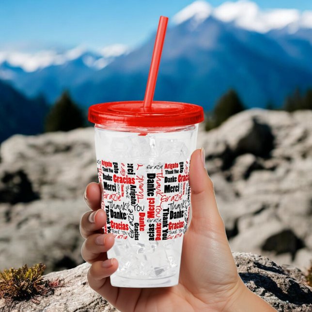 Vaso Acrílico Multilingual Gracias Typography Red Black (multilingual thank you word cloud )