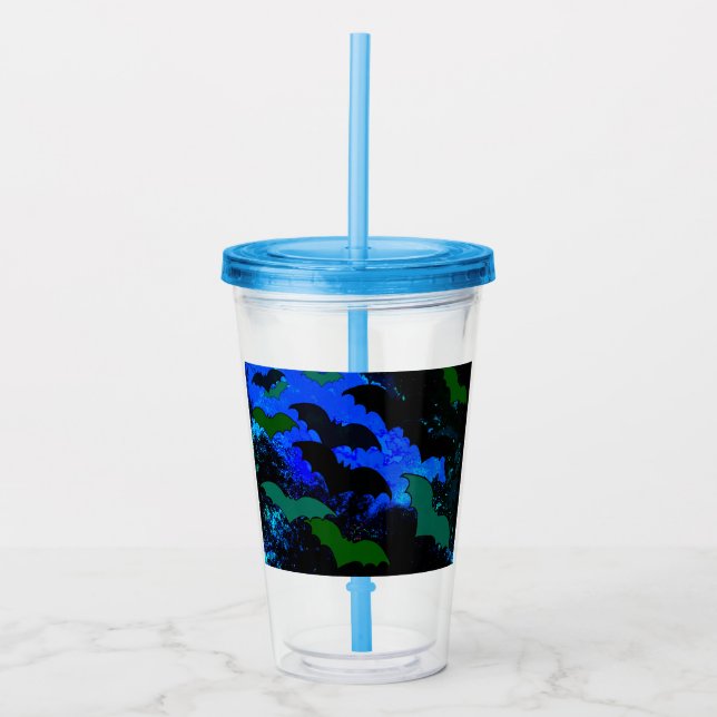 Vaso Acrílico Murciélagos En Azul Vuelo (Anverso)